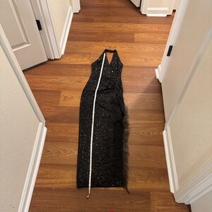 Black Sequin Halter Evening Gown